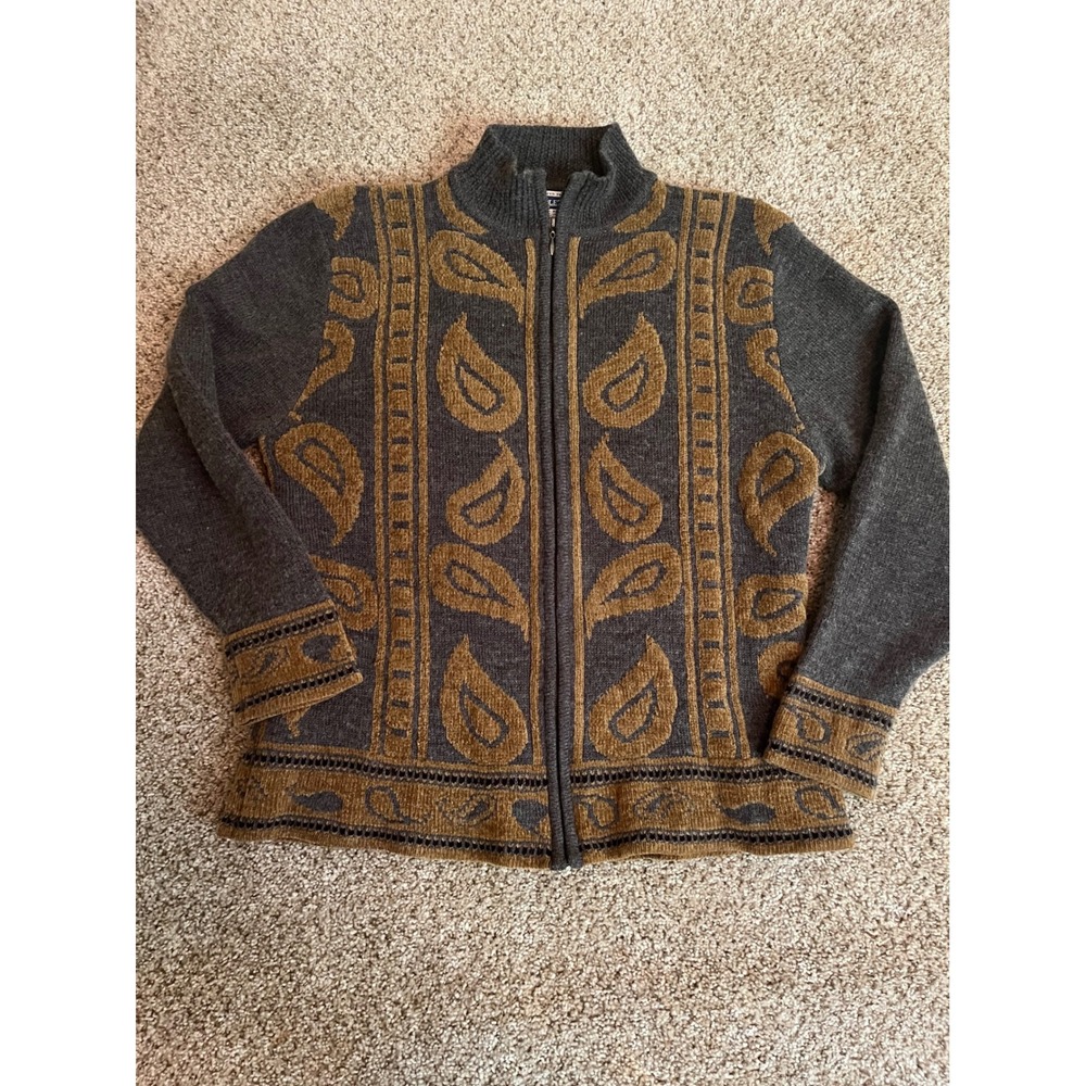 Pendleton Women Full Zip Sweater Large Grey Brown Paisley Wool Blend Mock Neck